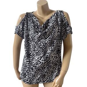 Michael Kors Cold Shoulder Cowl Neck Top Black White Animal Print Medium NWT